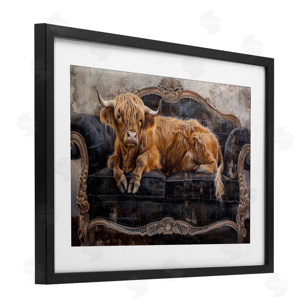 Tina LeCour Cozy Couch Highland Cow Black Framed Print Under Glass Wall Art