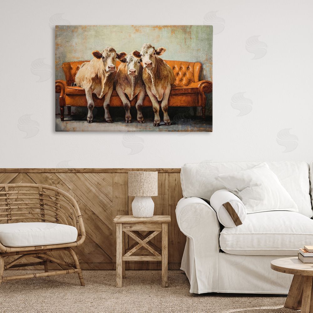 Tina LeCour Cows Just Chillin' Stretched Canvas Wall Art Print in Room