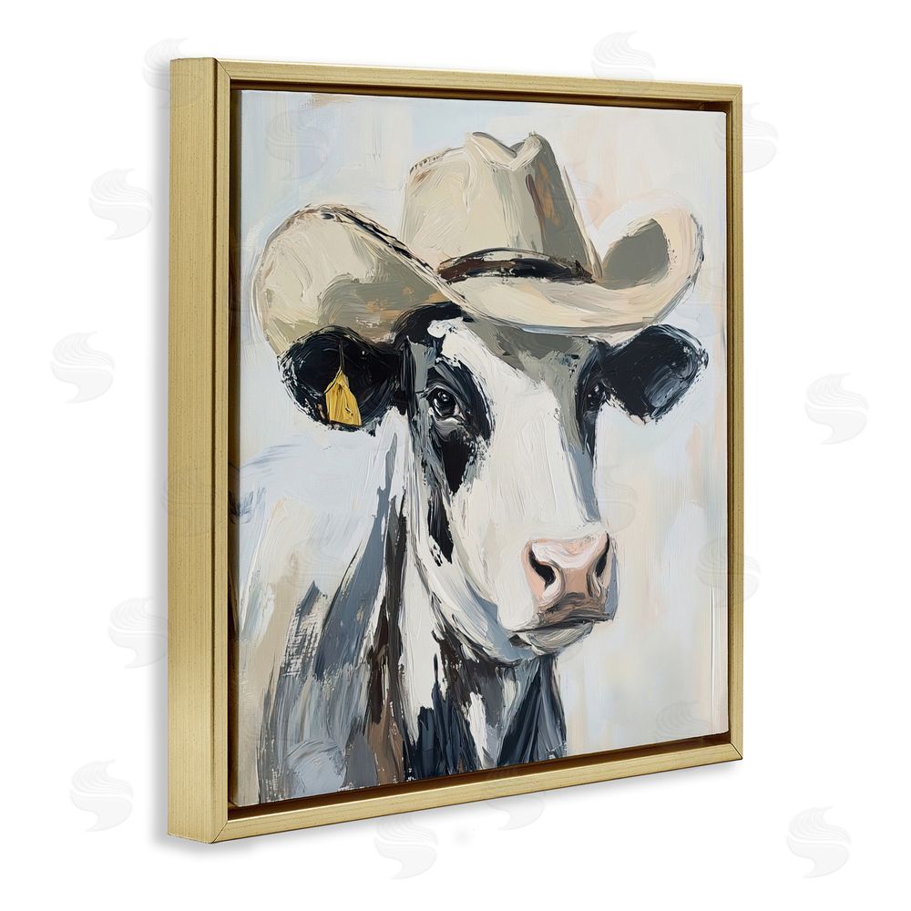 Tina LeCour Cowboy Carl Cow Gold Floating Frame Canvas Wall Art Print
