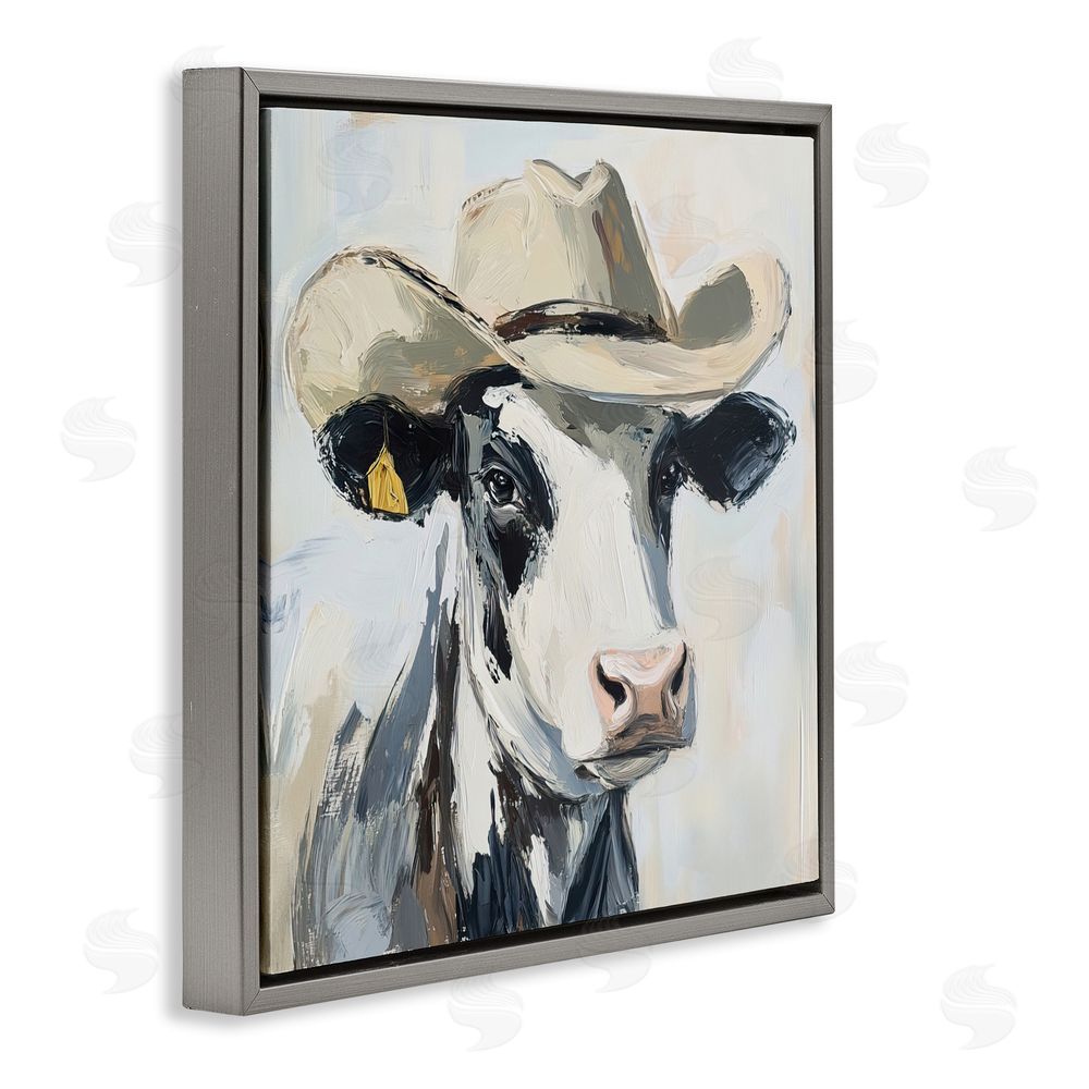 Tina LeCour Cowboy Carl Cow Gray Floating Frame Canvas Wall Art Print