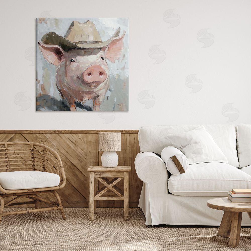 Tina LeCour Cowboy Chester Pig Stretched Canvas Wall Art in Room