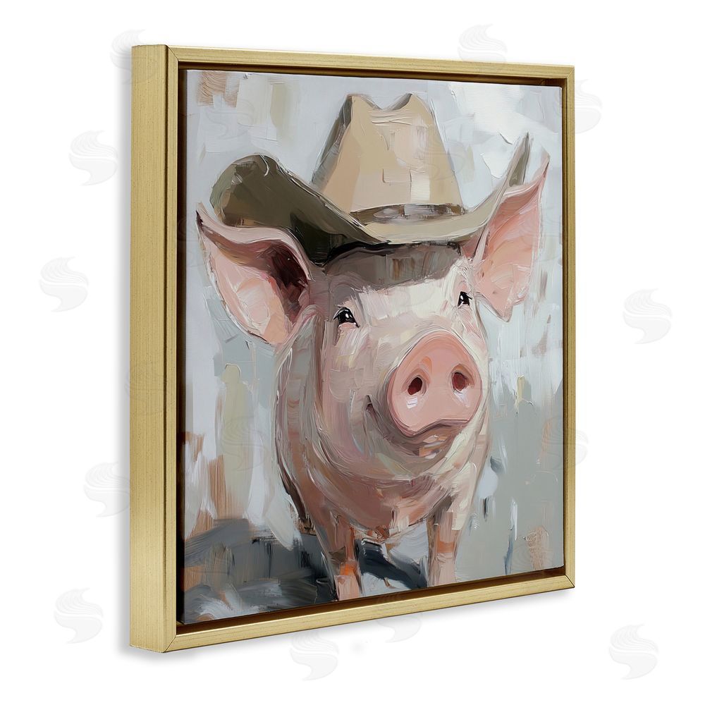 Tina LeCour Cowboy Chester Pig Gold Floating Frame Canvas Wall Art Print