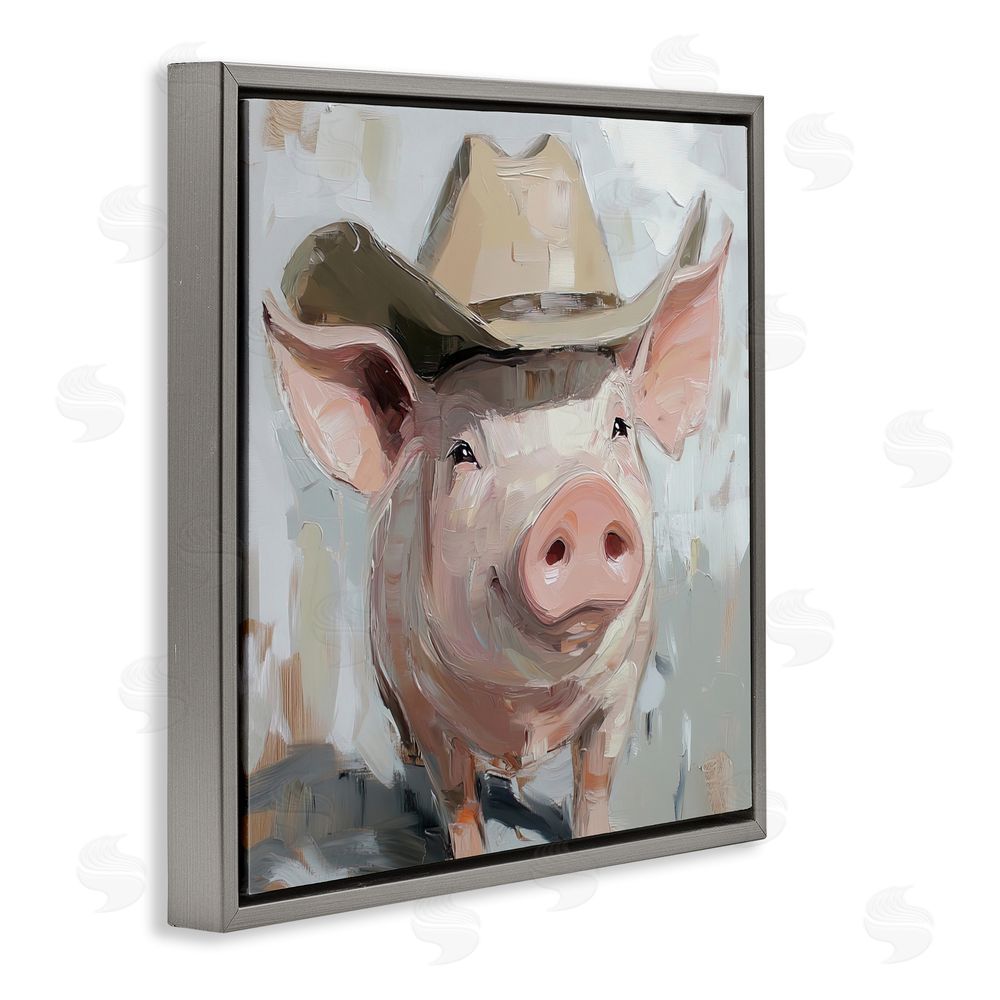 Tina LeCour Cowboy Chester Pig Gray Floating Frame Canvas Wall Art Print