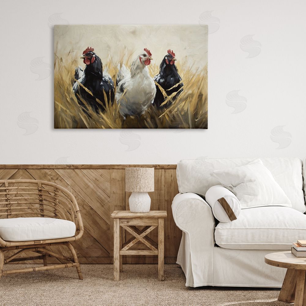 Tina LeCour Chickens In Wheat Field Stretched Canvas Wall Art in Room