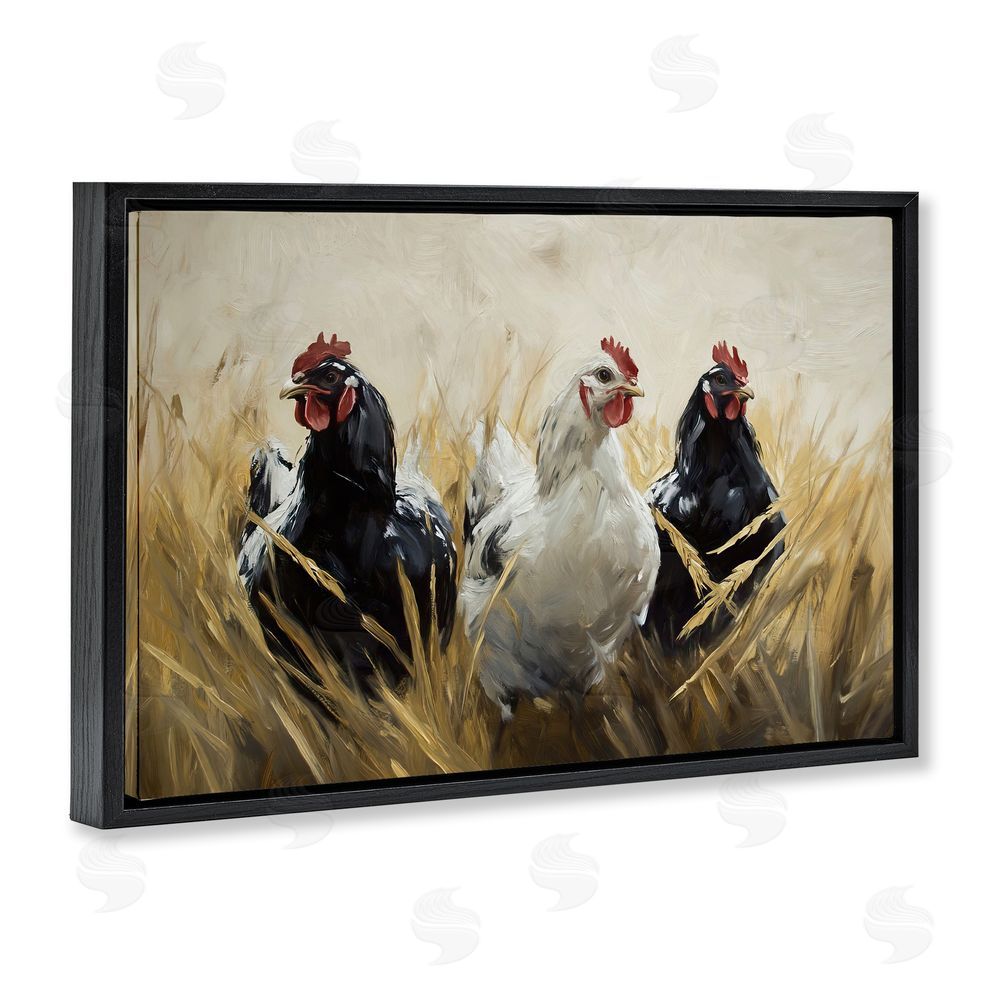 Tina LeCour Chickens In Wheat Field Black Floating Frame Canvas Wall Art Print