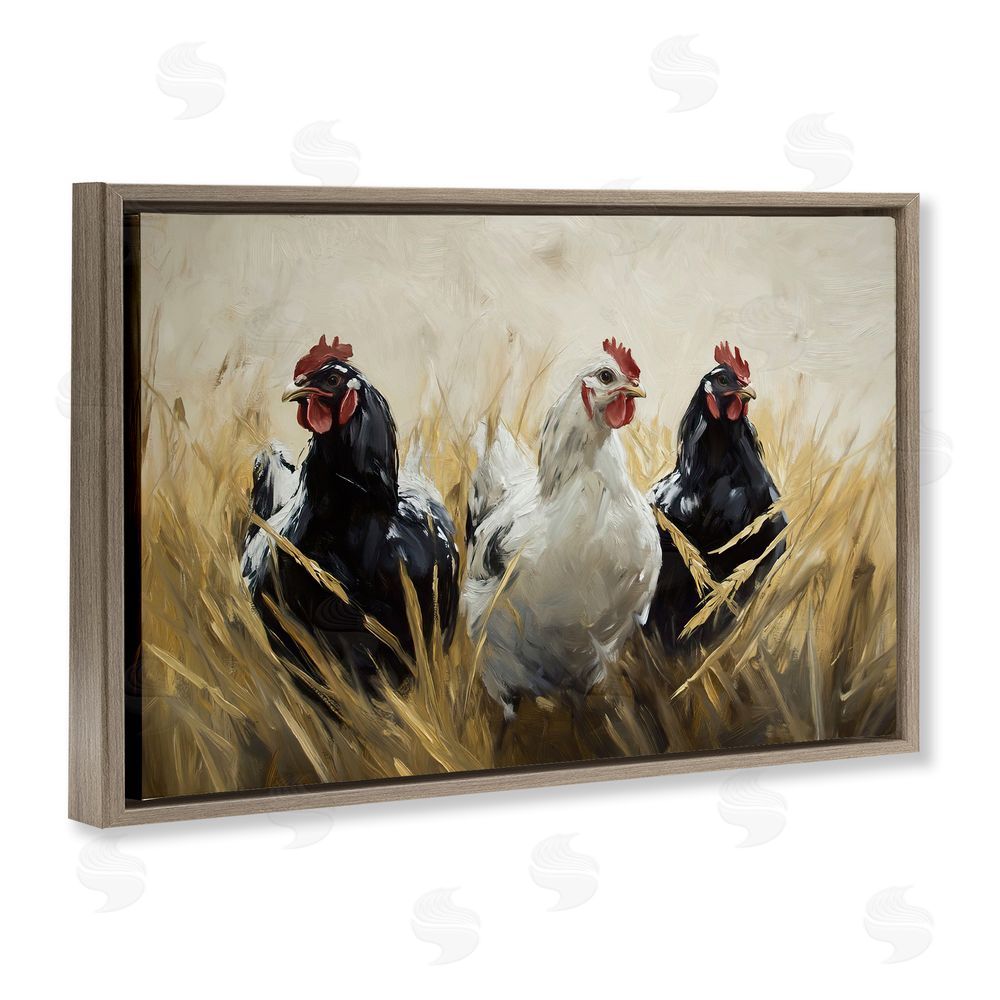 Tina LeCour Chickens In Wheat Field Brown Floating Frame Canvas Wall Art Print