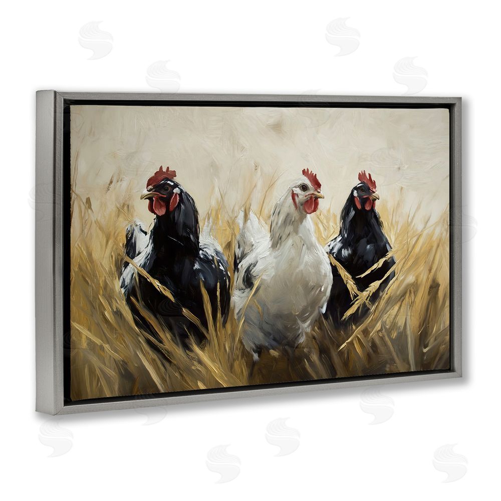 Tina LeCour Chickens In Wheat Field Gray Floating Frame Canvas Wall Art Print