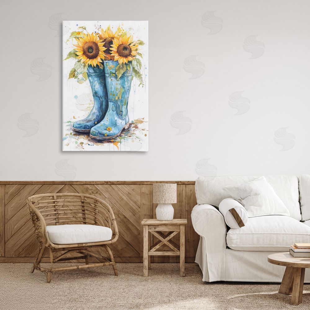 Tina LeCour Blue Rain Boots & Sunflowers Stretched Canvas Wall Art in Room