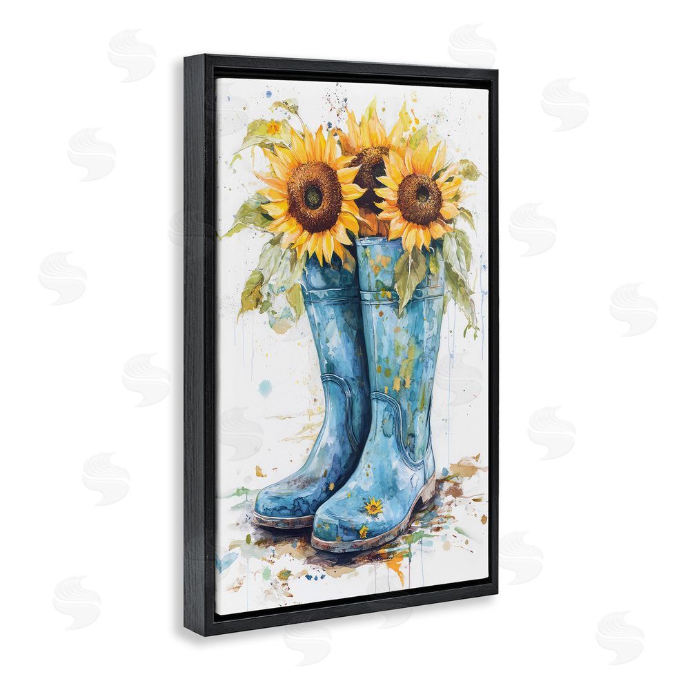 Tina LeCour Blue Rain Boots & Sunflowers Black Floating Frame Canvas Wall Art Print