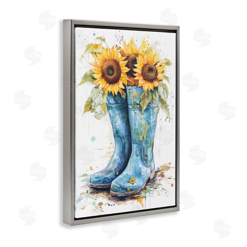 Tina LeCour Blue Rain Boots & Sunflowers Gray Floating Frame Canvas Wall Art Print
