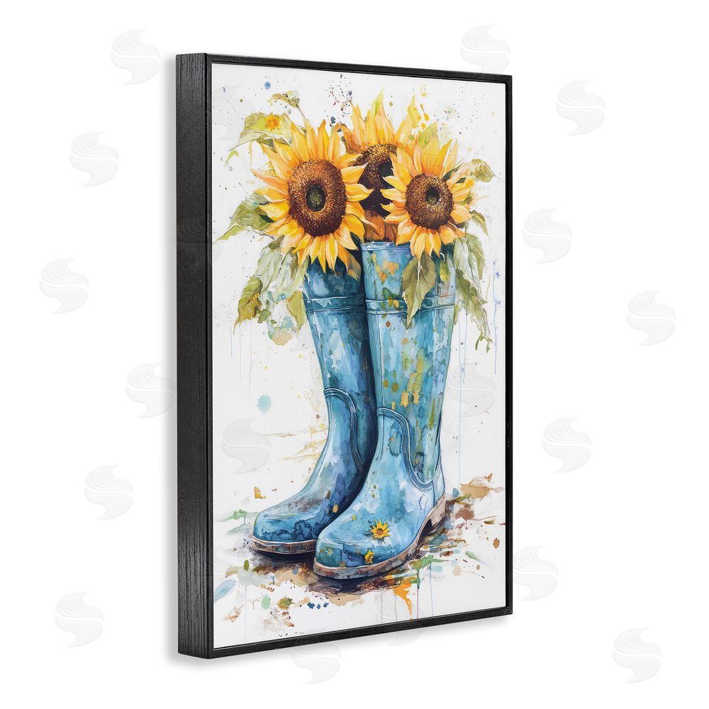 Tina LeCour Blue Rain Boots & Sunflowers Black Framed Giclee Wall Art Print