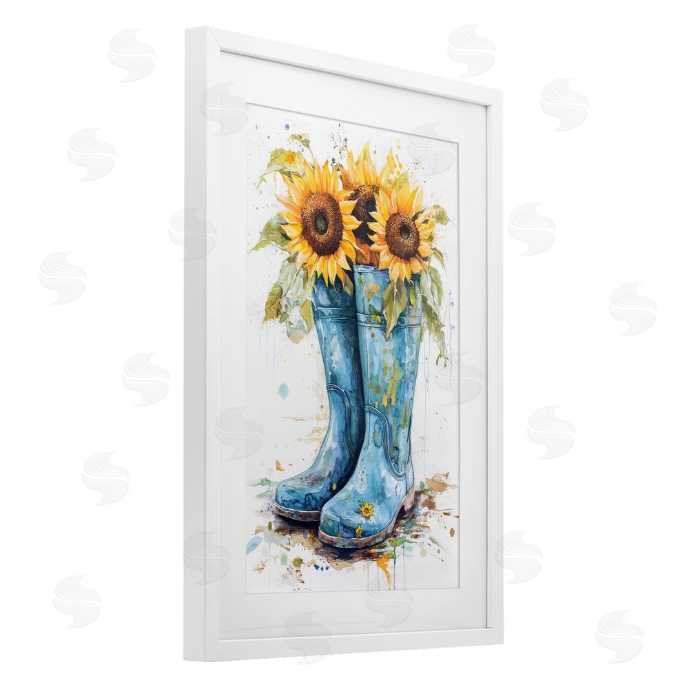 Tina LeCour Blue Rain Boots & Sunflowers White Framed Print Under Glass Wall Art