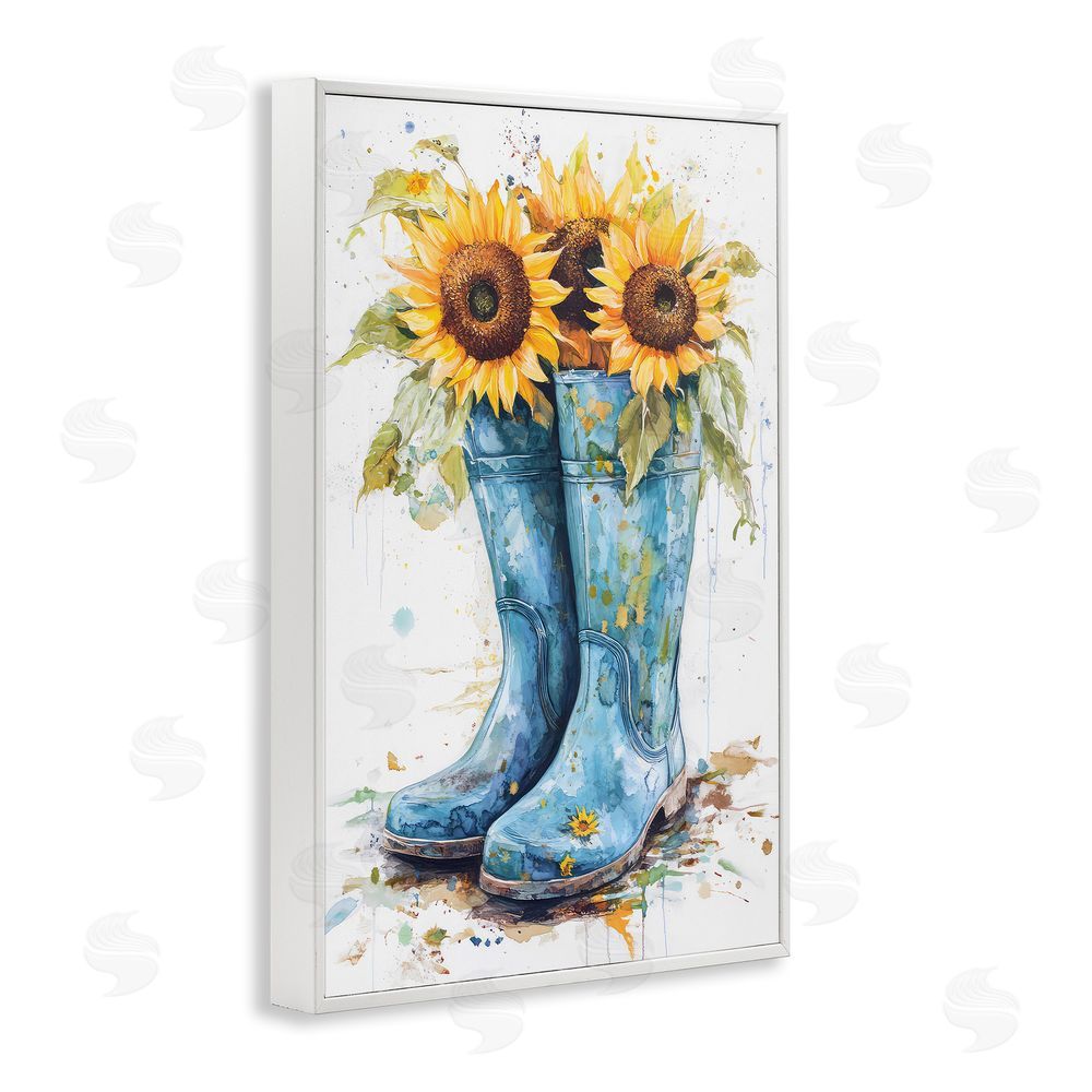 Tina LeCour Blue Rain Boots & Sunflowers White Framed Giclee Wall Art Print