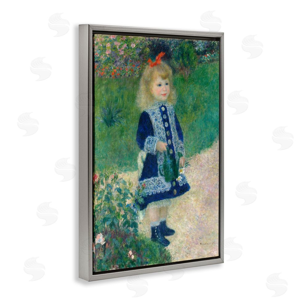 Tina LeCour Girl With Watering Can Gray Floating Frame Canvas Wall Art