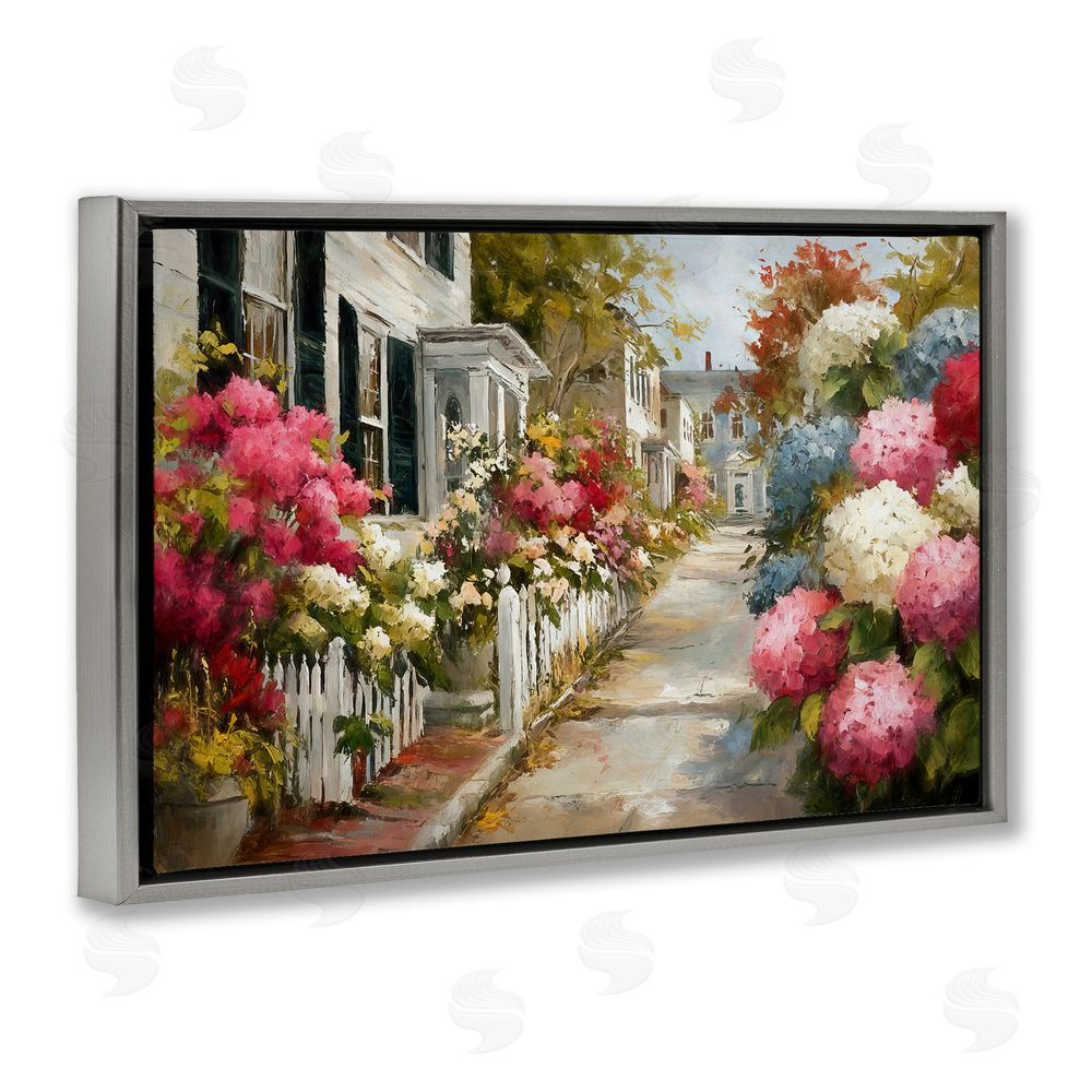 Tina LeCour Faded Shutters & Bursting Blooms Gray Floating Frame Canvas Wall Art