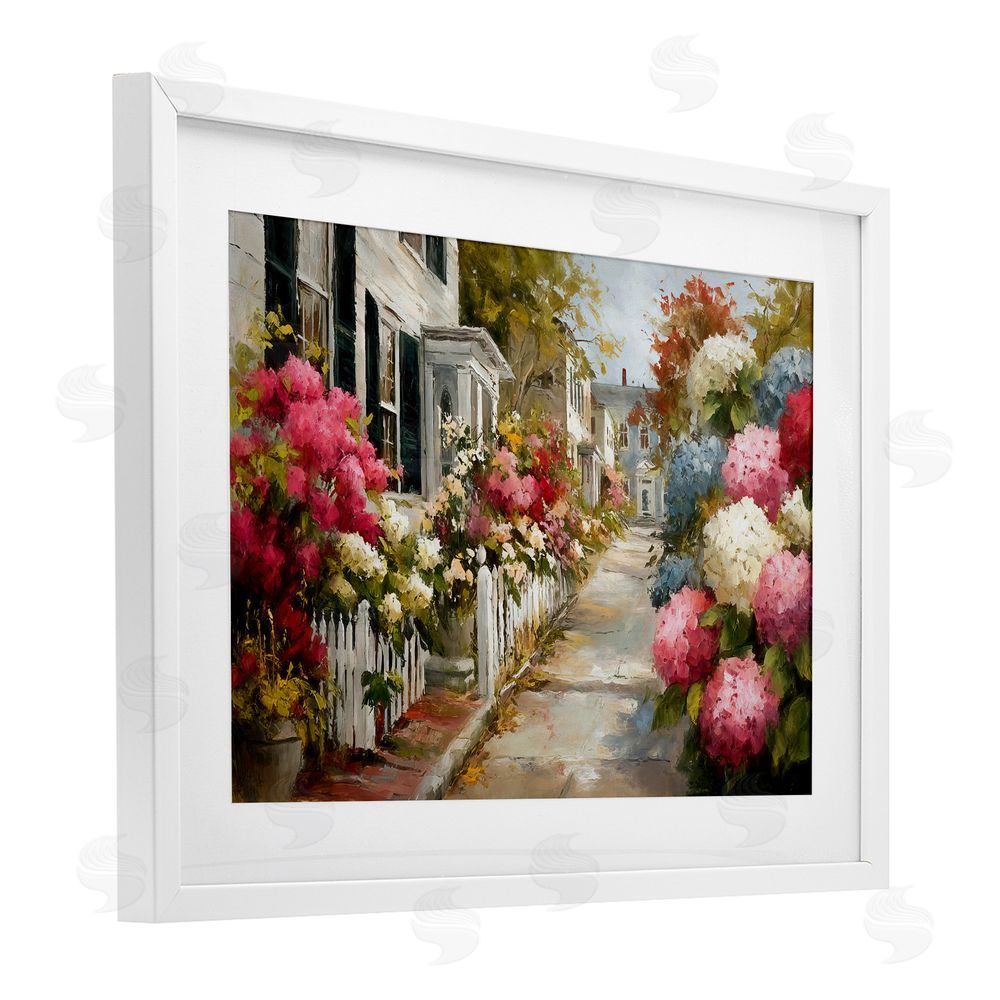 Tina LeCour Faded Shutters & Bursting Blooms White Framed Print Under Glass with Mat Wall Art