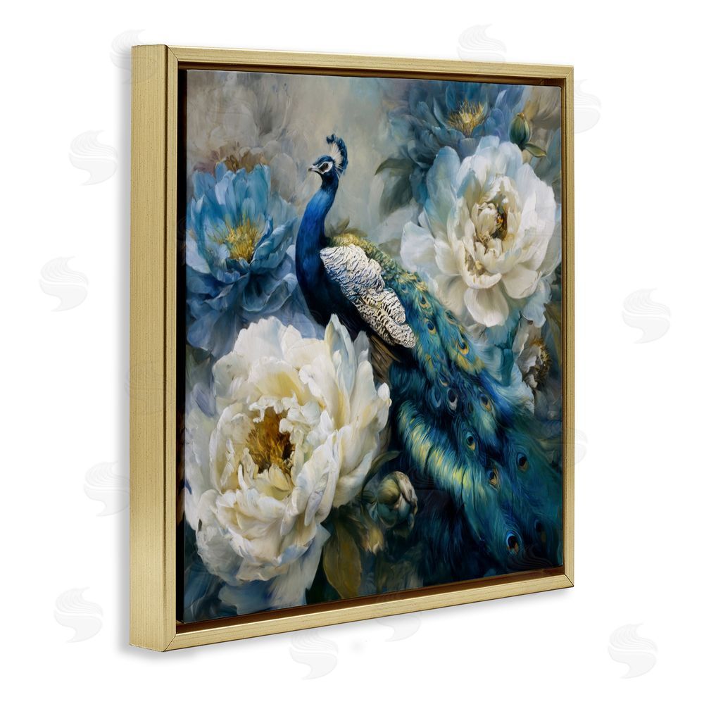 Tina LeCour Pretty Peacock with Roses Gold Floating Frame Canvas Wall Art Print