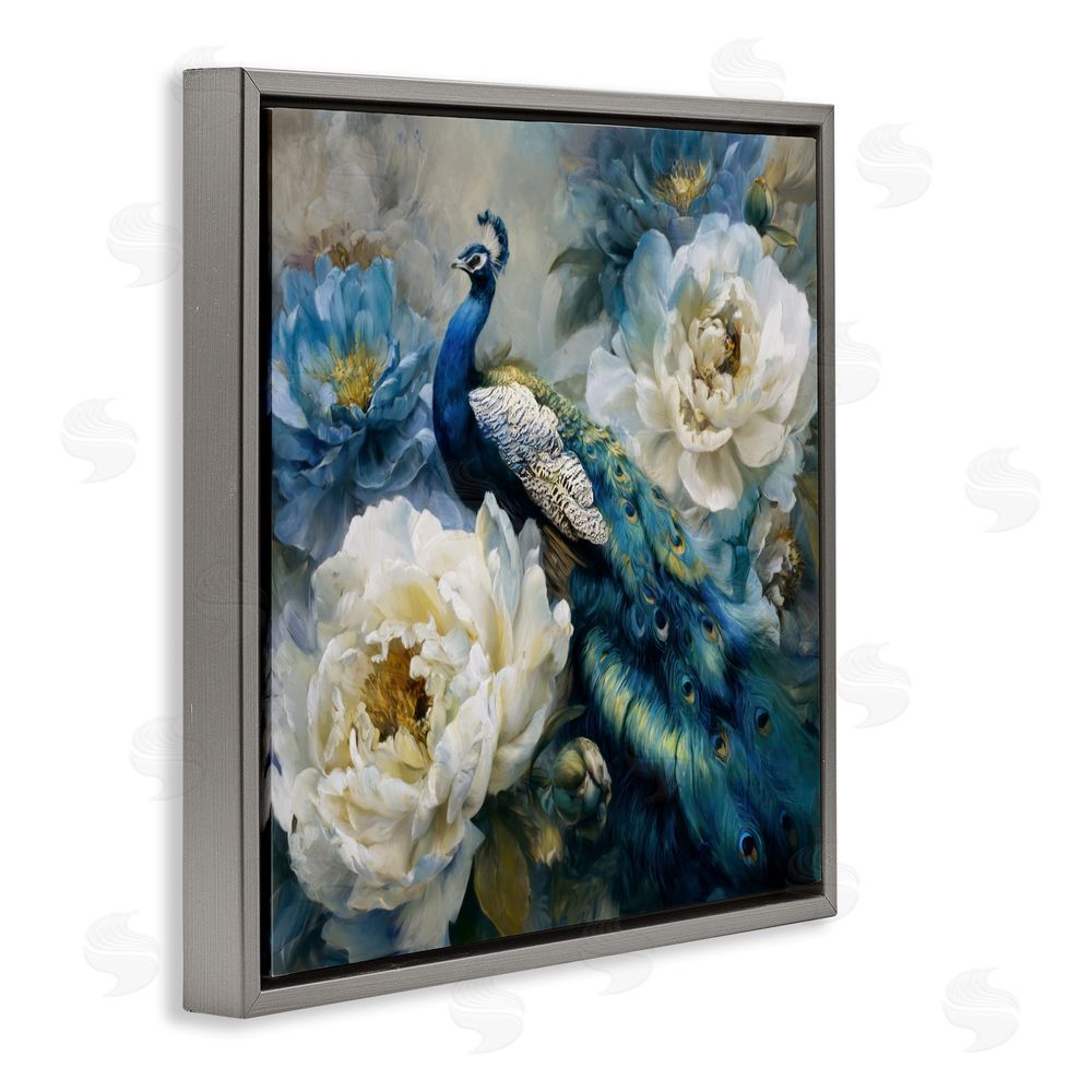 Tina LeCour Pretty Peacock with Roses Gray Floating Frame Canvas Wall Art Print