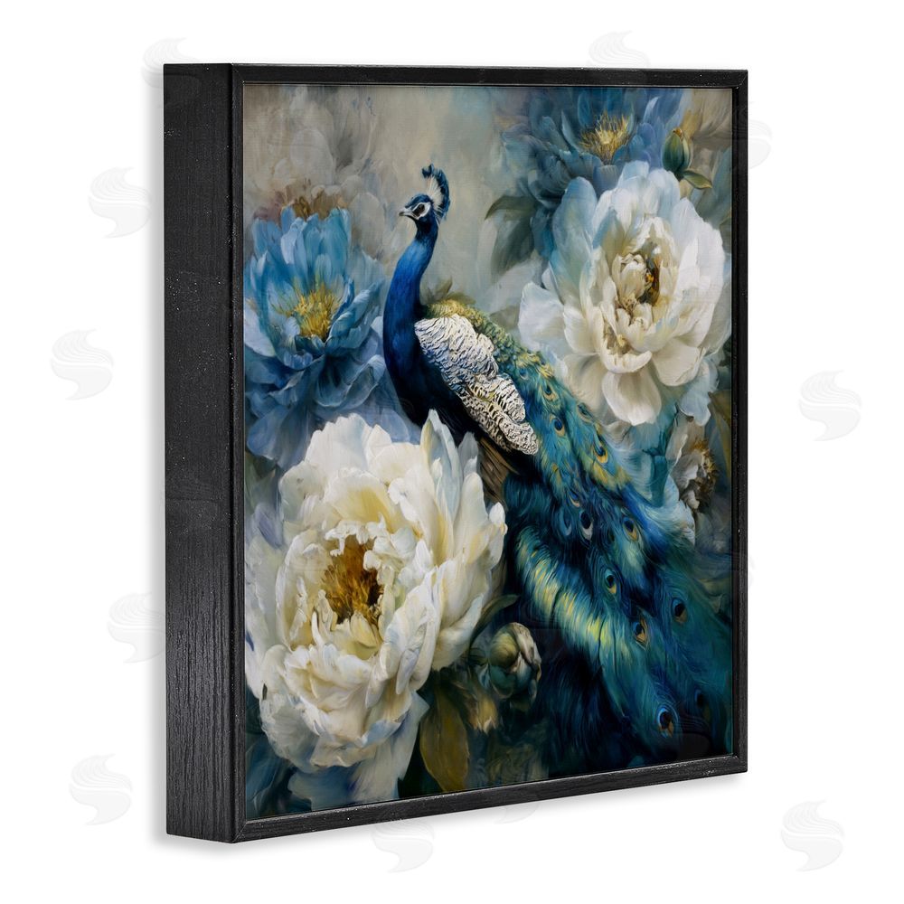Tina LeCour Pretty Peacock with Roses Black Framed Giclee Wall Art Print
