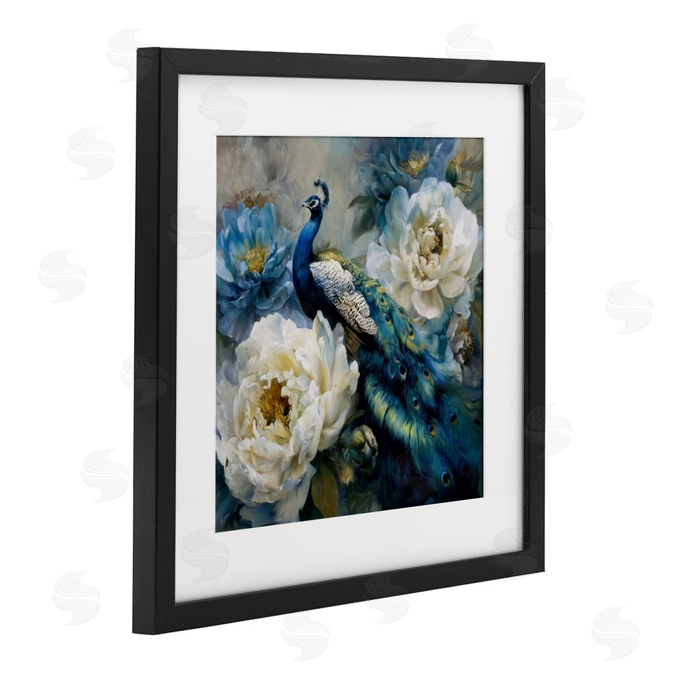 Tina LeCour Pretty Peacock with Roses Black Framed Print Under Glass Wall Art