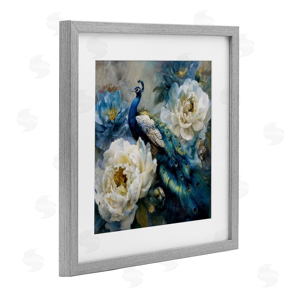 Tina LeCour Pretty Peacock with Roses Gray Framed Print Under Glass Wall Art