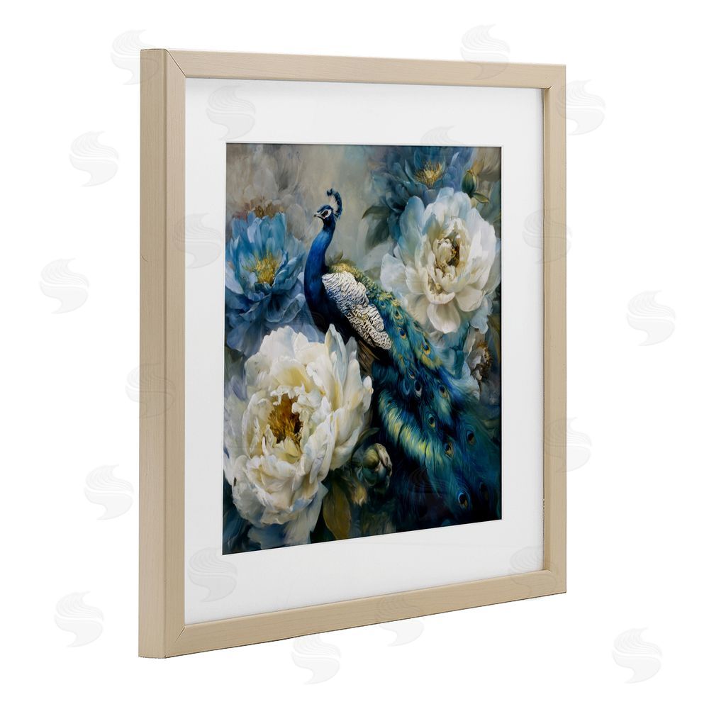 Tina LeCour Pretty Peacock with Roses Brown Framed Print Under Glass Wall Art