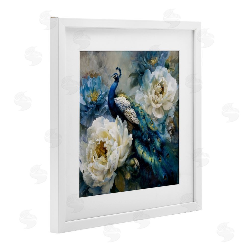 Tina LeCour Pretty Peacock with Roses White Framed Print Under Glass Wall Art