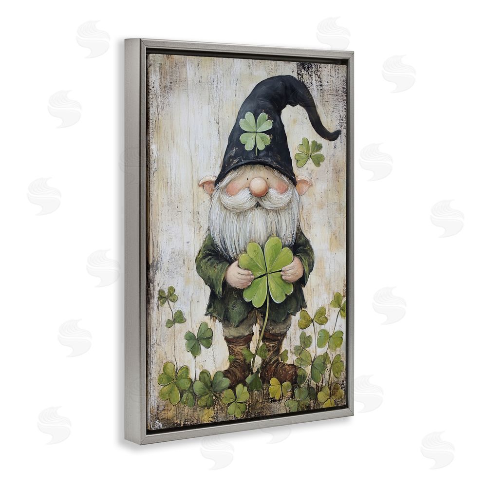 Tina LeCour Cottage Shamrock Gnome Gray Floating Frame Canvas Wall Art Print