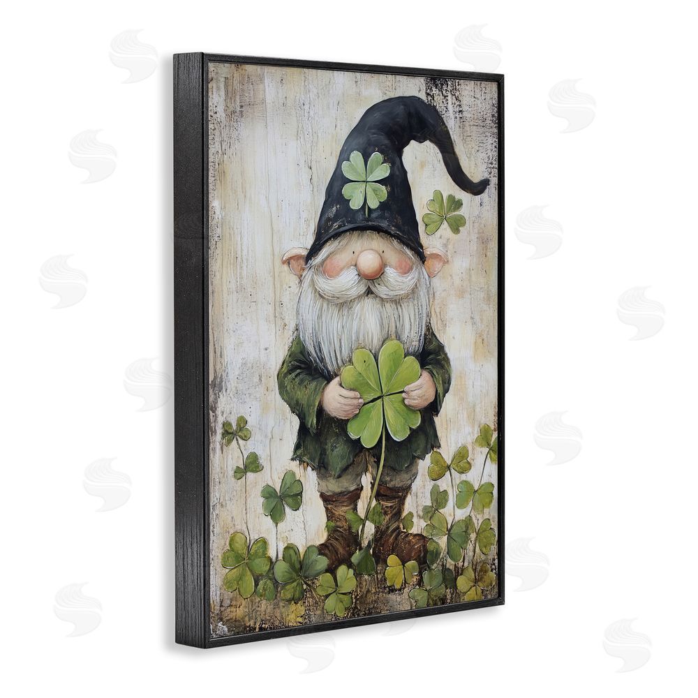 Tina LeCour Cottage Shamrock Gnome Black Framed Giclee Wall Art Print