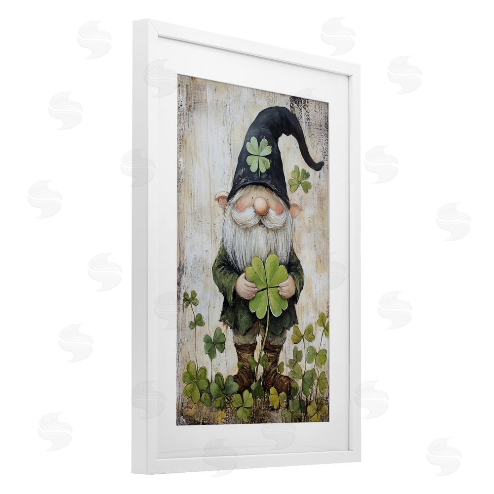 Tina LeCour Cottage Shamrock Gnome White Framed Print Under Glass Wall Art
