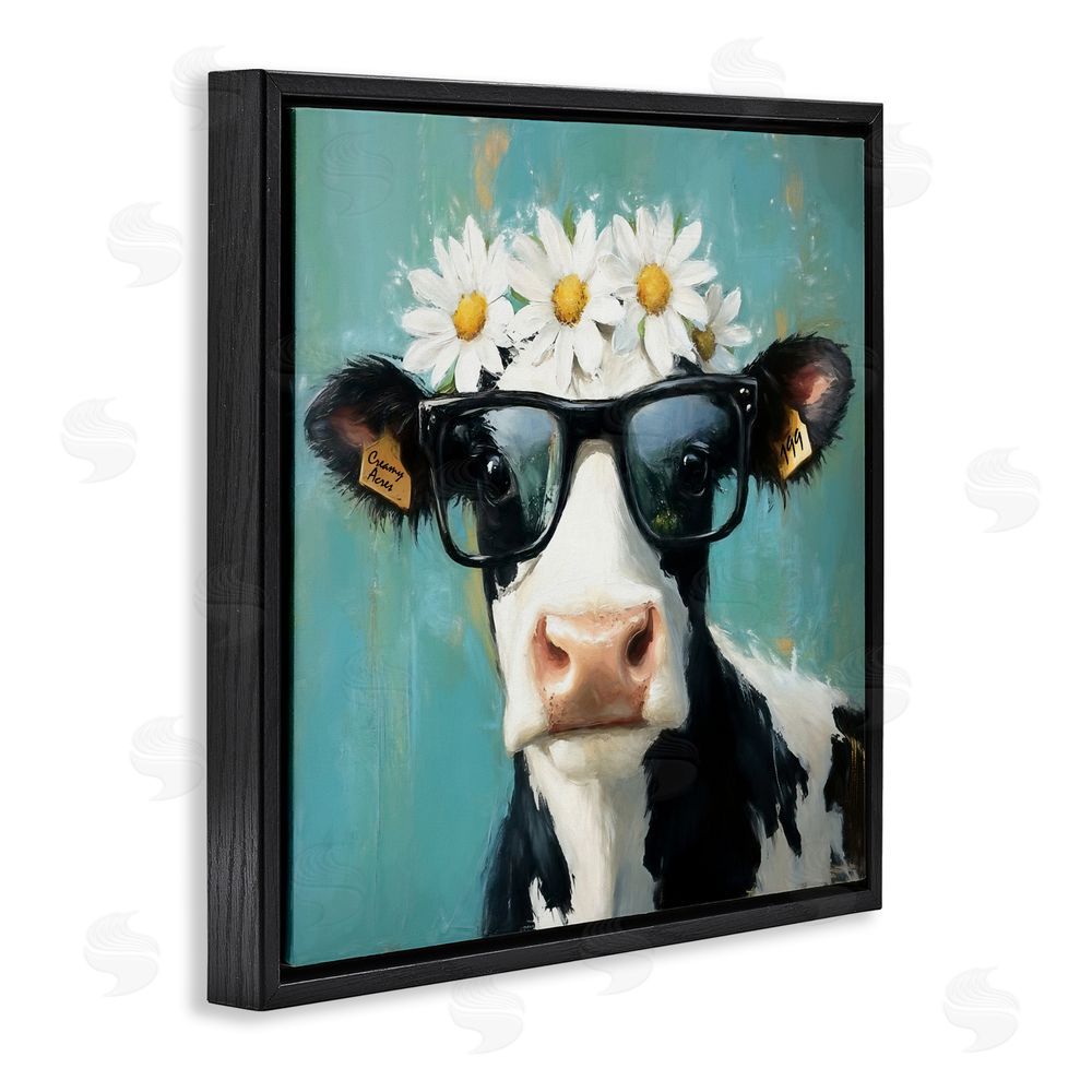 Tina LeCour Nerdy Nessie Cow Black Floating Frame Canvas Wall Art Print