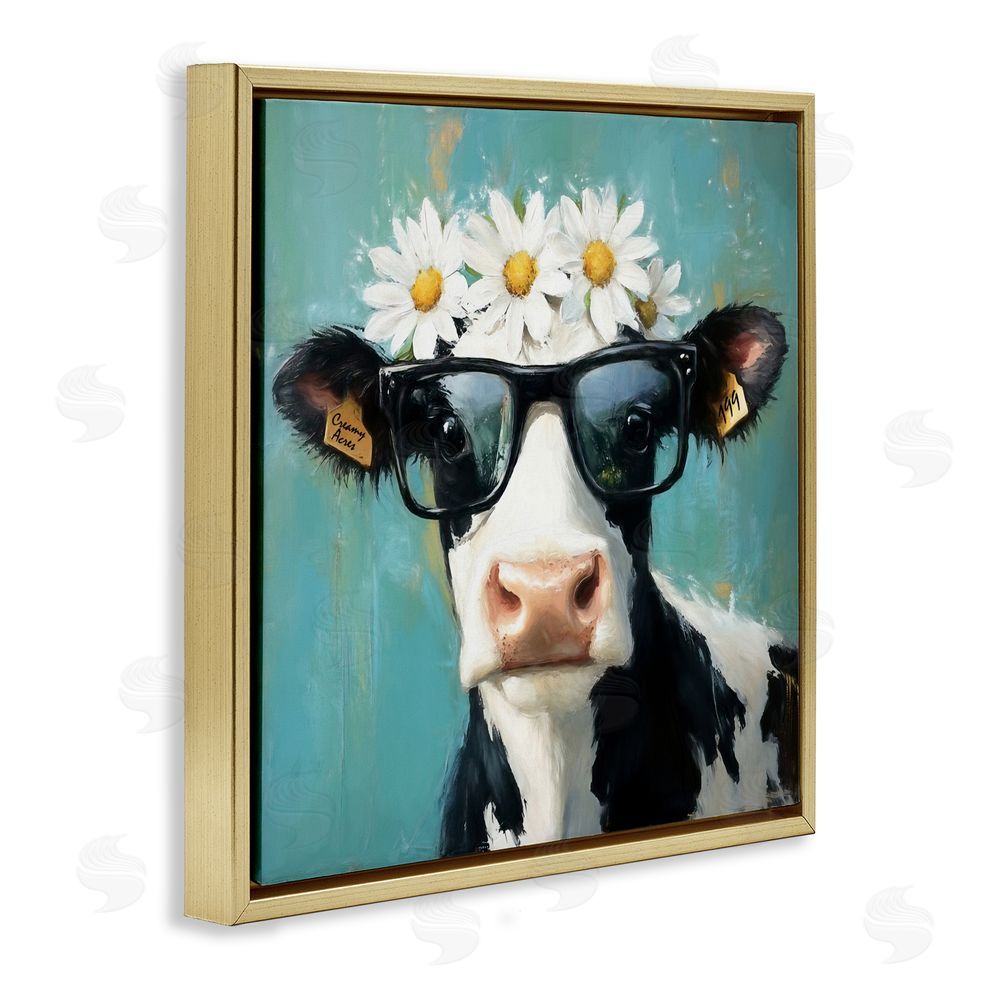 Tina LeCour Nerdy Nessie Cow Gold Floating Frame Canvas Wall Art Print
