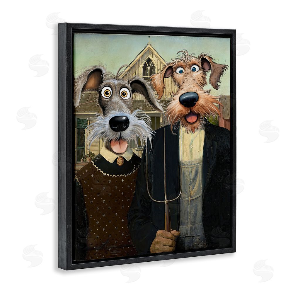 Tina LeCour American Gothic Pups Black Floating Frame Canvas Wall Art Print