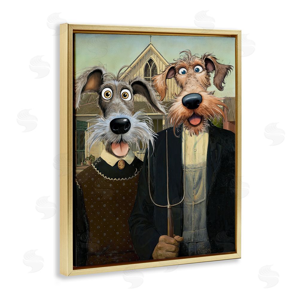 Tina LeCour American Gothic Pups Gold Floating Frame Canvas Wall Art Print