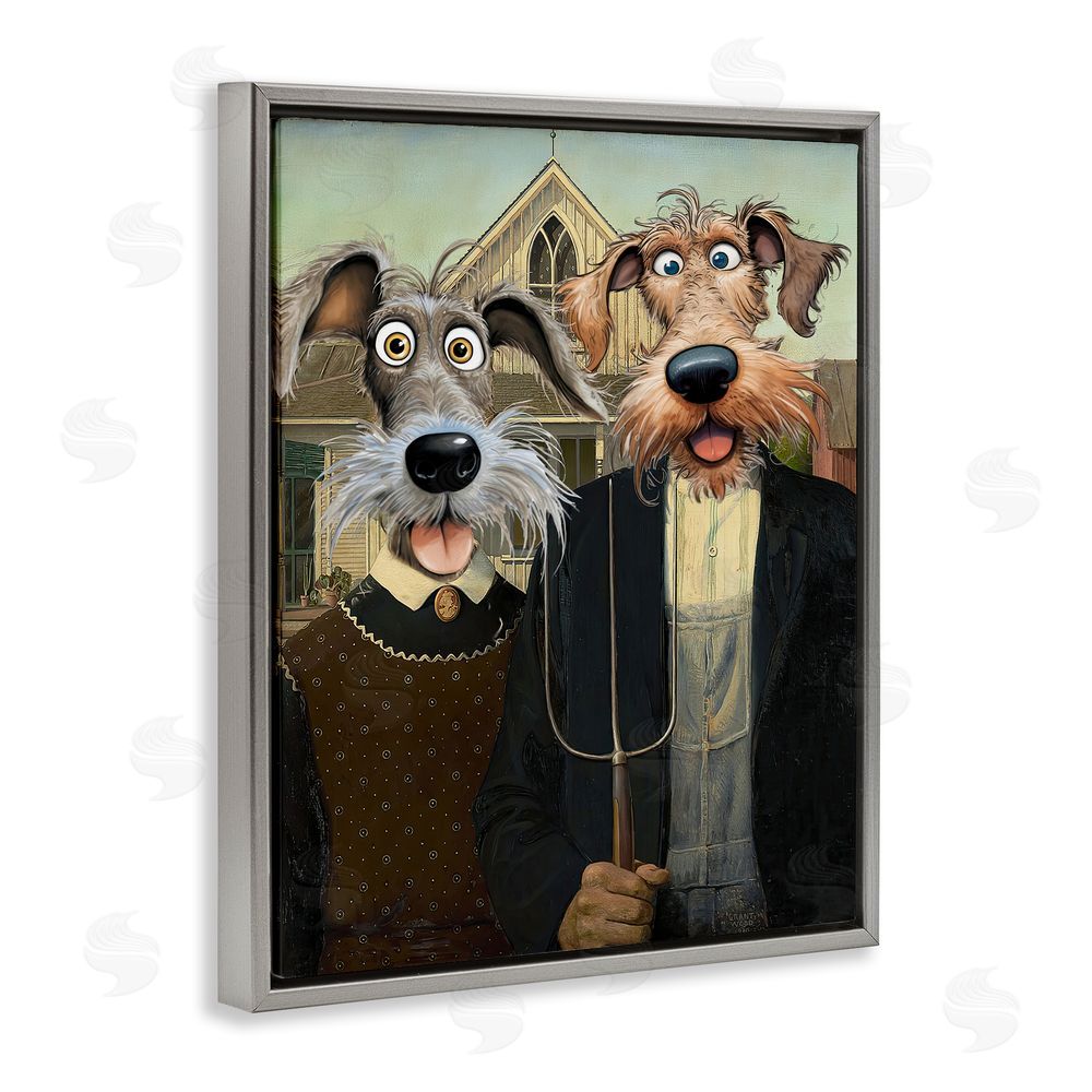 Tina LeCour American Gothic Pups Gray Floating Frame Canvas Wall Art Print