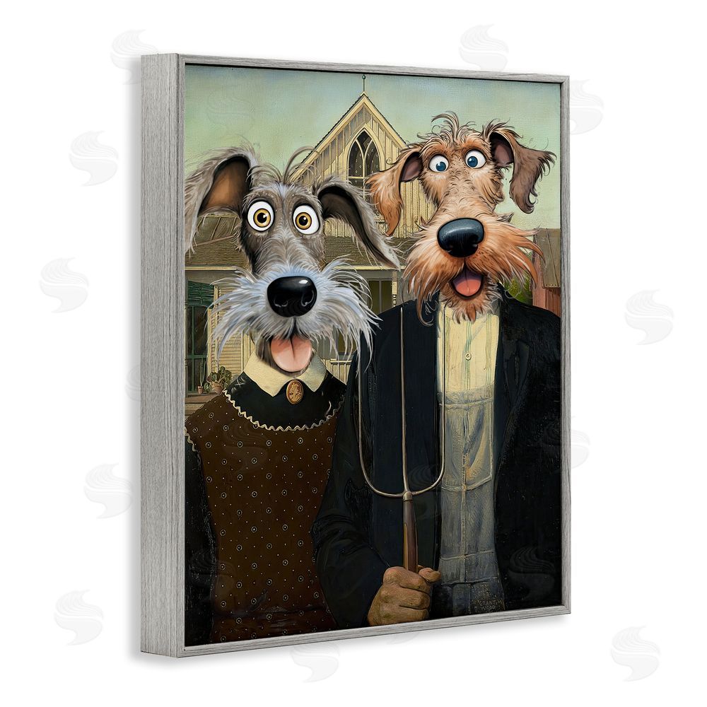 Tina LeCour American Gothic Pups Gray Framed Giclee Wall Art Print