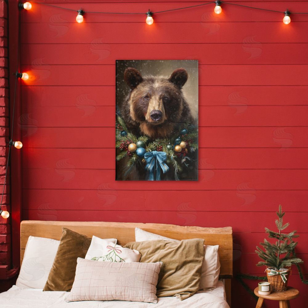 Tina LeCour Christmas Grizzly with Wreath Stretched Canvas Wall Art in Room