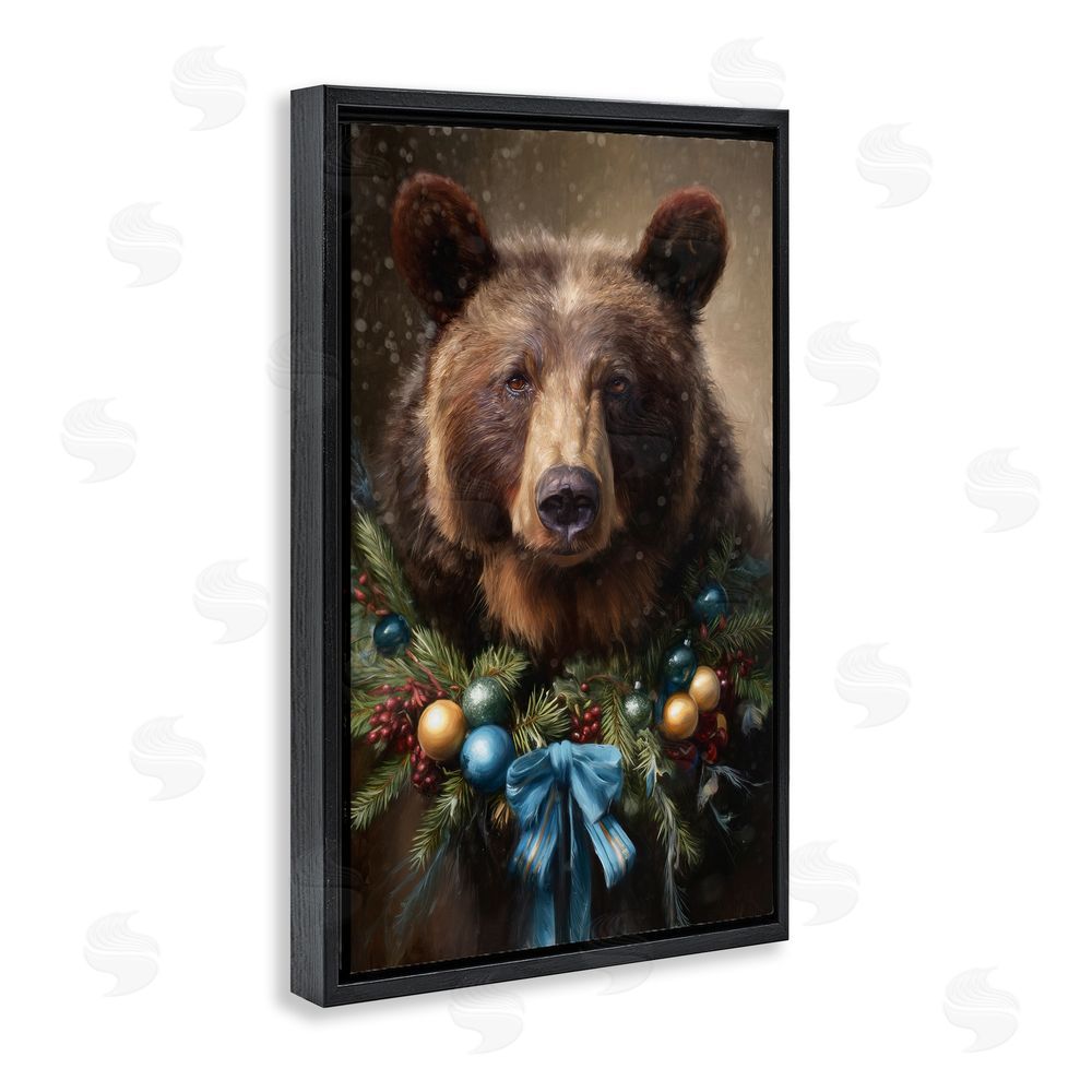Tina LeCour Christmas Grizzly with Wreath Black Floating Frame Canvas Wall Art Print