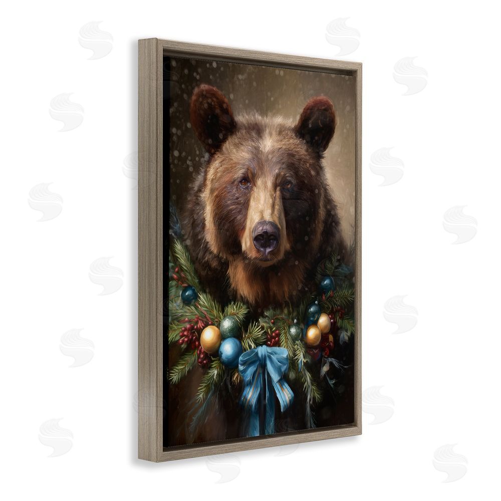 Tina LeCour Christmas Grizzly with Wreath Brown Floating Frame Canvas Wall Art Print
