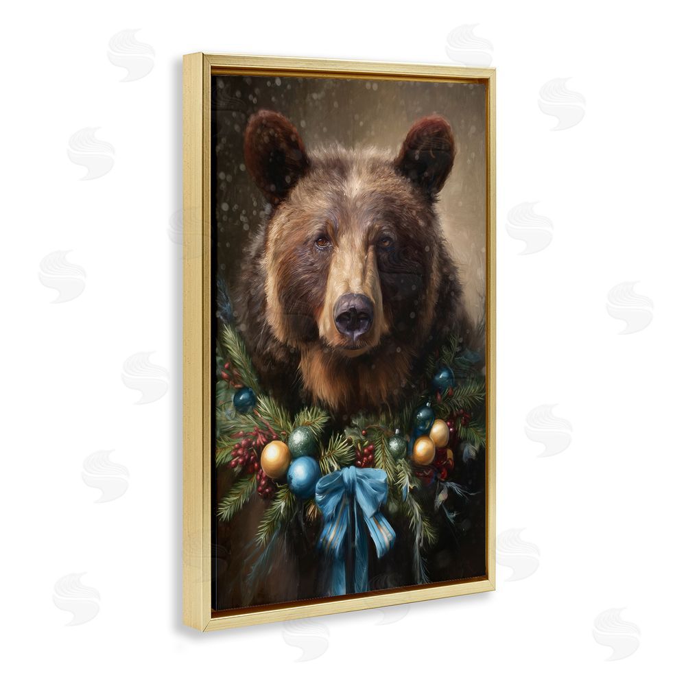 Tina LeCour Christmas Grizzly with Wreath Gold Floating Frame Canvas Wall Art Print