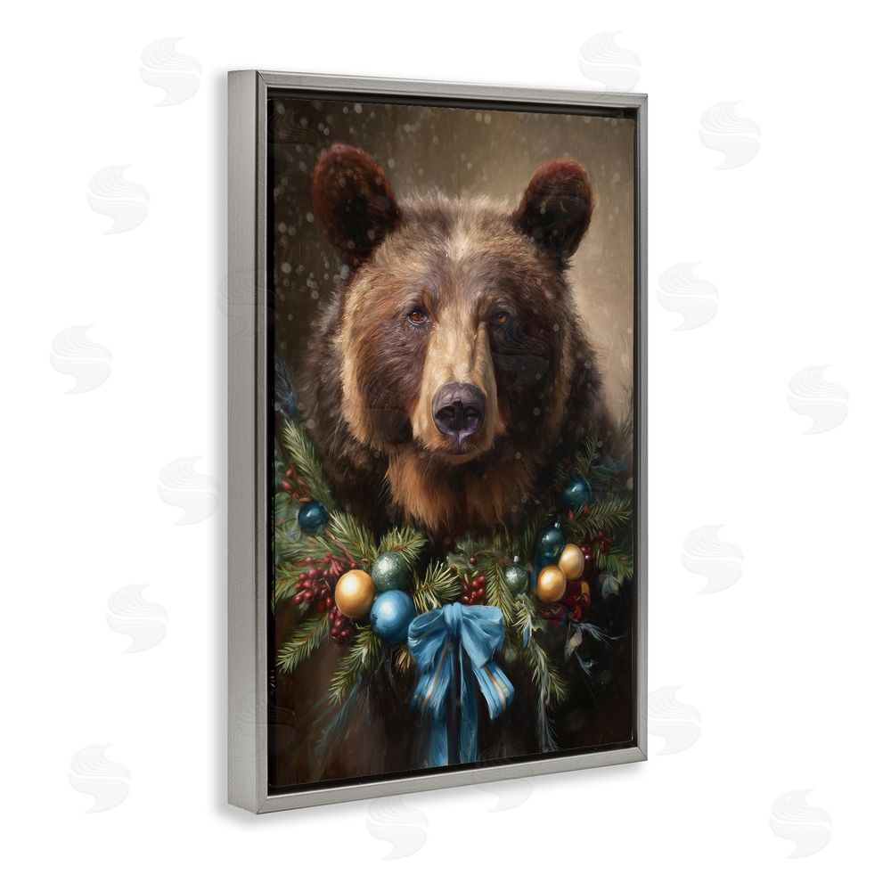 Tina LeCour Christmas Grizzly with Wreath Gray Floating Frame Canvas Wall Art Print
