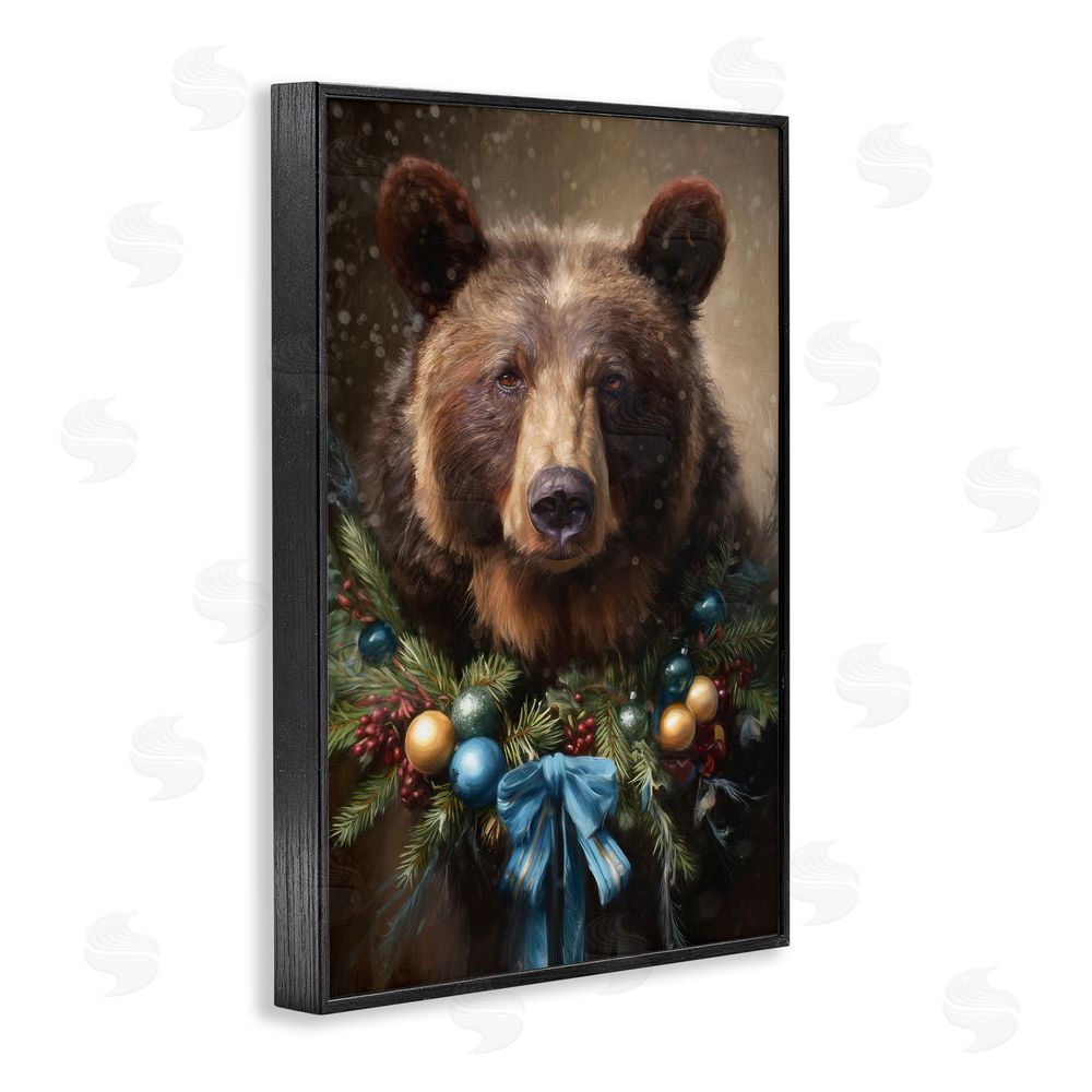 Tina LeCour Christmas Grizzly with Wreath Black Framed Giclee Wall Art Print