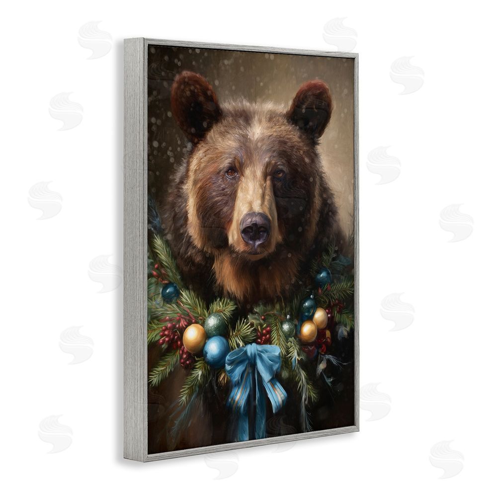 Tina LeCour Christmas Grizzly with Wreath Gray Framed Giclee Wall Art Print