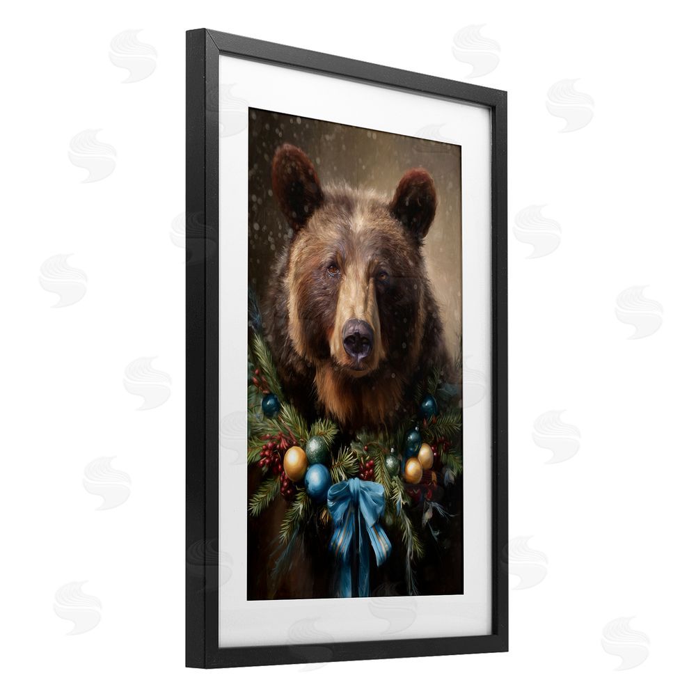 Tina LeCour Christmas Grizzly with Wreath Black Framed Print Under Glass Wall Art