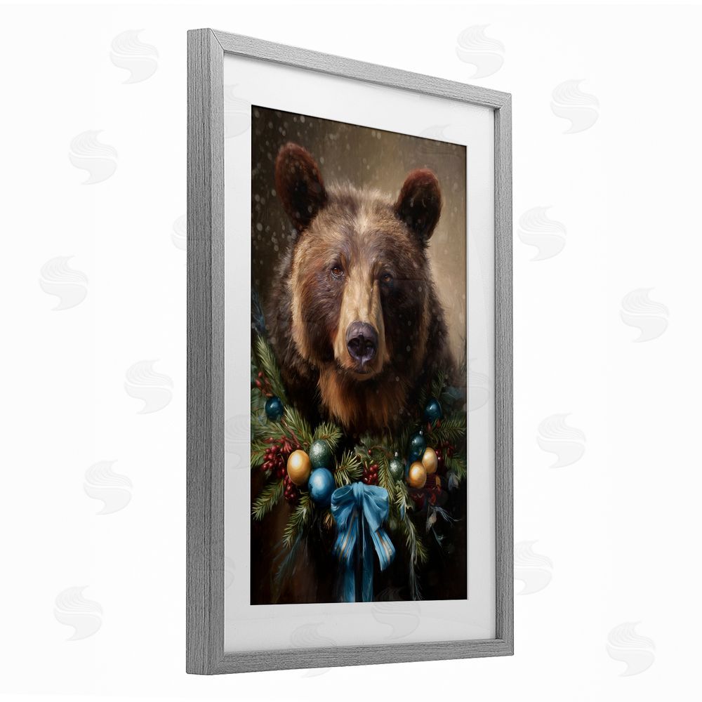 Tina LeCour Christmas Grizzly with Wreath Gray Framed Print Under Glass Wall Art