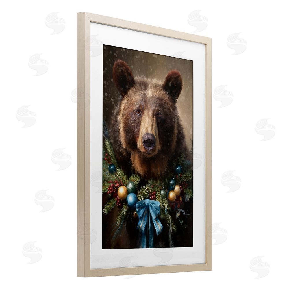 Tina LeCour Christmas Grizzly with Wreath Birch Framed Print Under Glass Wall Art