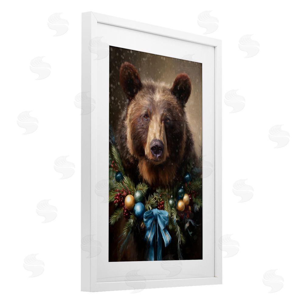 Tina LeCour Christmas Grizzly with Wreath White Framed Print Under Glass Wall Art