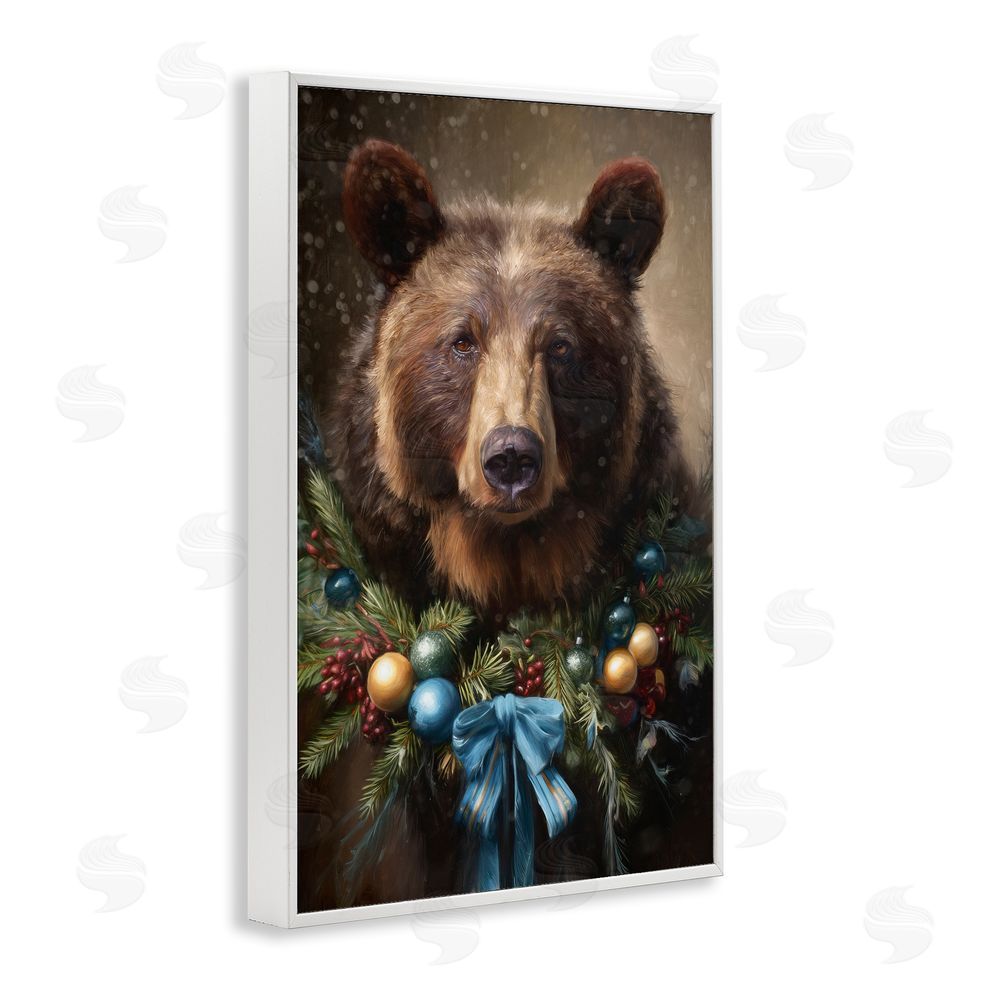 Tina LeCour Christmas Grizzly with Wreath White Framed Giclee Wall Art Print