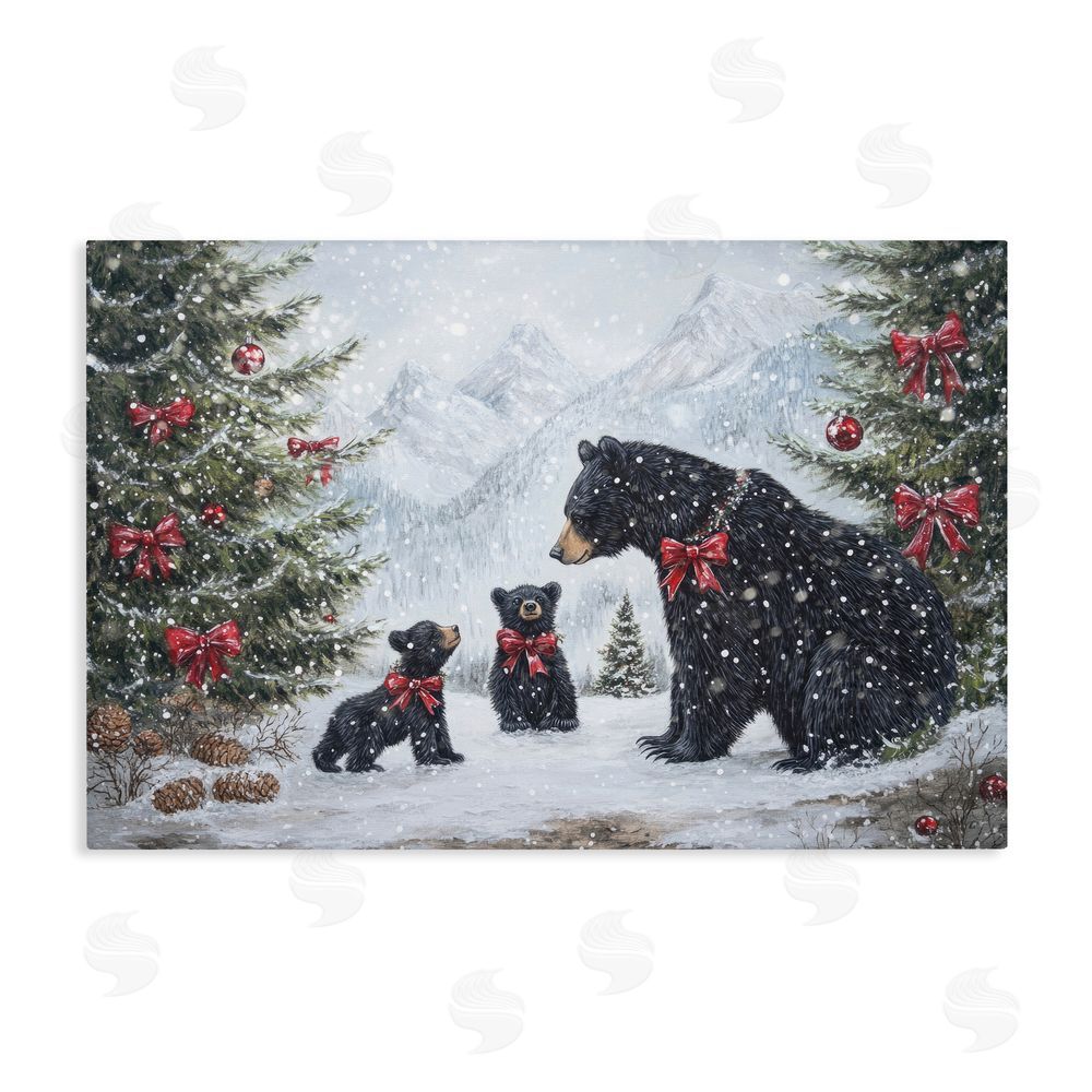Tina LeCour Christmas Black Bears Stretched Canvas Wall Art Print