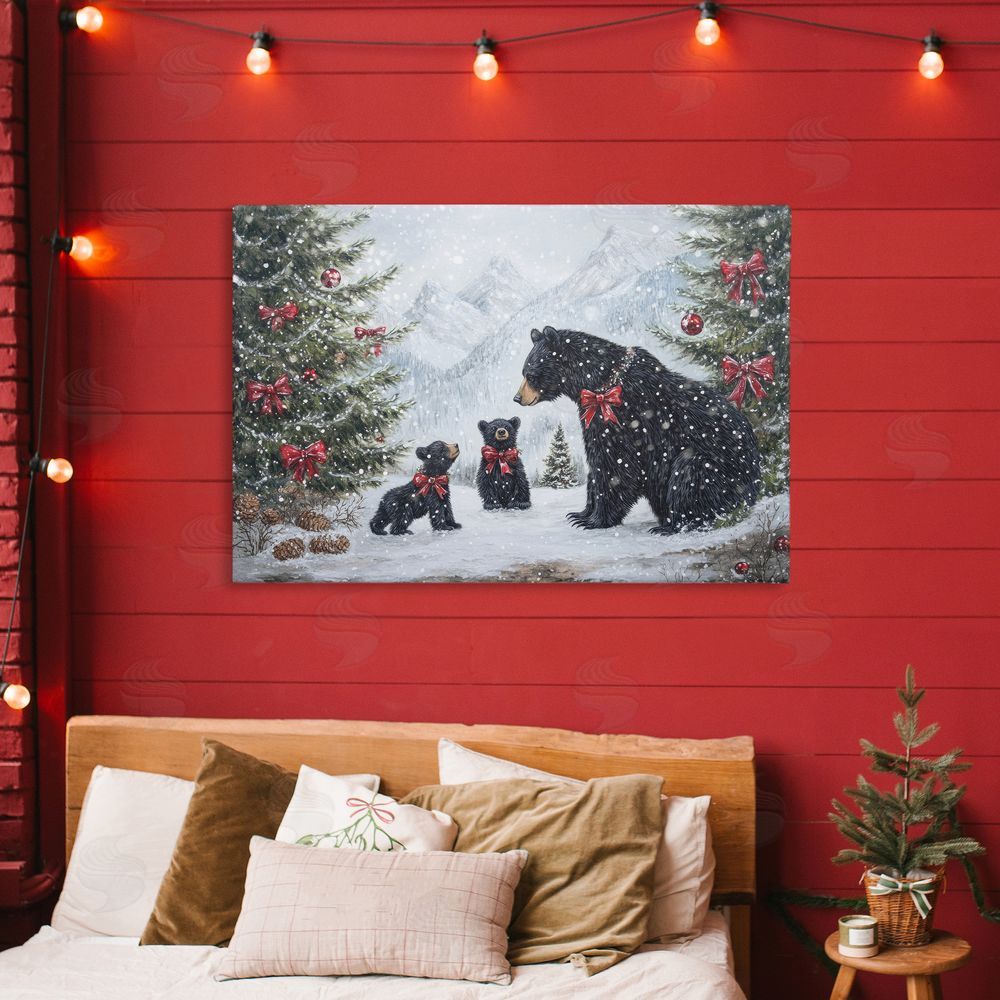 Tina LeCour Christmas Black Bears Stretched Canvas Wall Art in Room